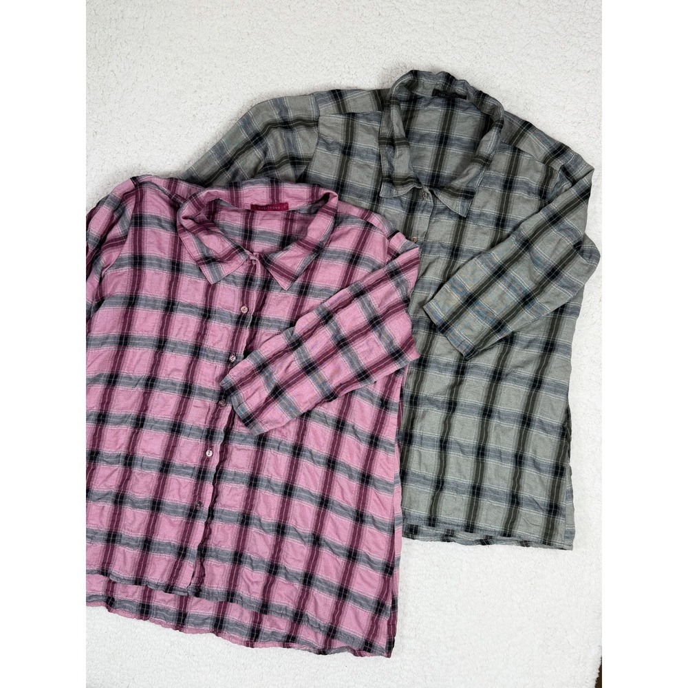 Cut Loose Lot of 2 Womens M Plaid Button Down Shirt Pink Grey Cotton Linen Blend